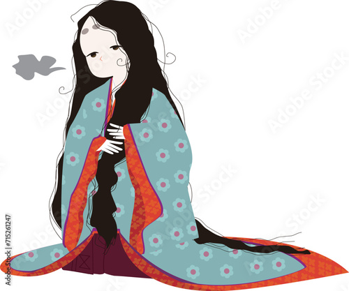 髪のうねり縮れに悩む平安時代のお姫様のイメージイラスト