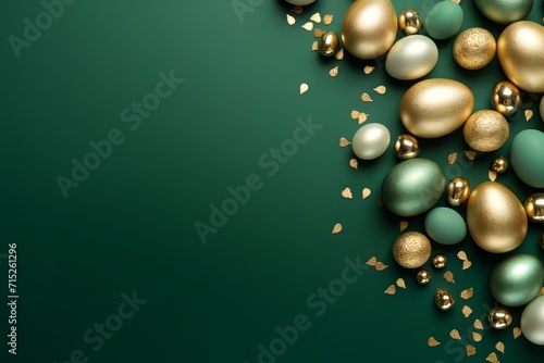 Easter background with green and golden eggs. Happy Easter, spring, farm, holiday, festive scene, greeting cards, posters. Easter holiday card concept. Copy space. 