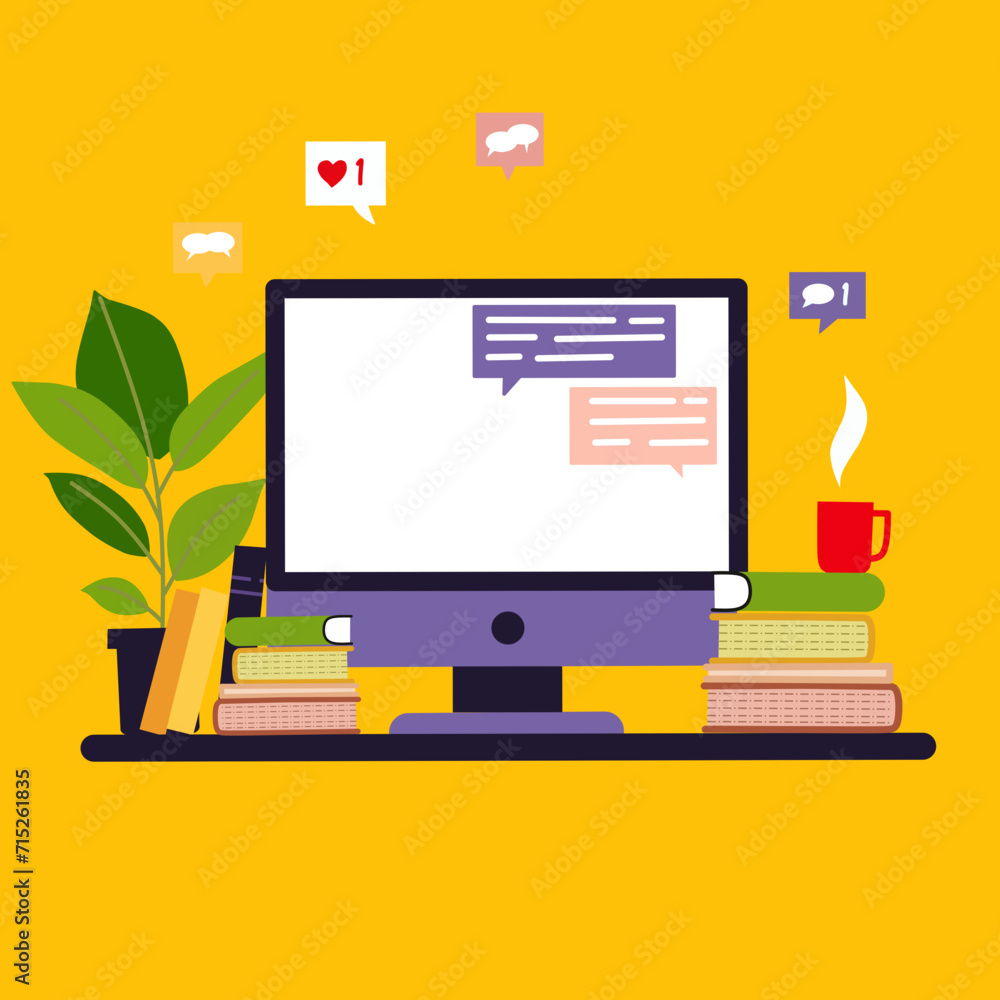 Vector laptop computer and book