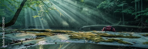 Ethereal Forest Light Piercing Through onto Hiker s Backpack by Stream