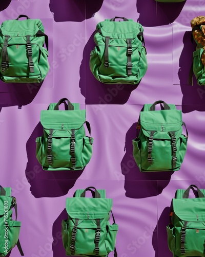 Repetitive Green Backpacks Pattern on Purple Background for Display photo