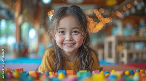 A little girl smiles in front of a pile of toys.