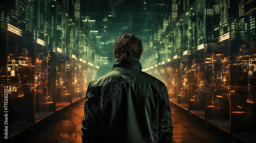 A man stands facing rows of illuminated server racks in a data center, reflecting on the vastness of digital infrastructure and data management. 