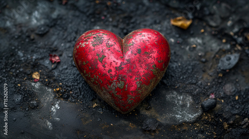 An old red heart that is decaying on the ground