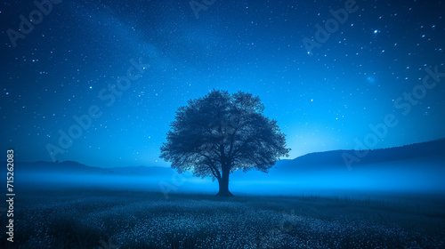 Big tree in the middle of the meadow and mist at night The view behind has mountains and the sky and stars.