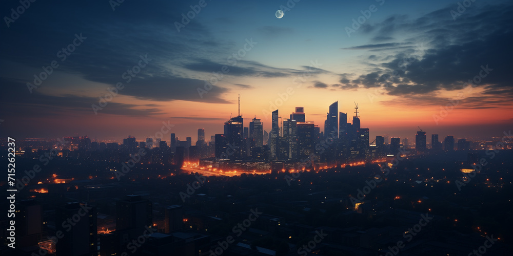 Panoramic city view Look down see the building in the middle and the lights in the street at sunset