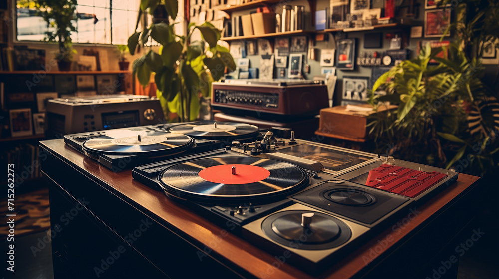 Old turntable from the 1970s in a retro stereo shop. - obrazy, fototapety, plakaty 