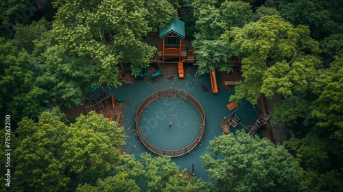 Drone view: The playground is surrounded by a dark green forest.