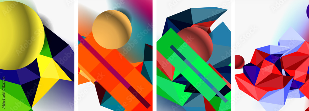Set of geometric abstract composition with spheres and triangles. Vector illustration For Wallpaper, Banner, Background, Card, Book Illustration, landing page Set of geometric abstract composition with spheres and triangles. Vector illustration For Wallpaper, Banner, Background, Card, Book Illustration, landing page