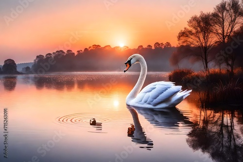 Fototapeta Naklejka Na Ścianę i Meble -  Enter a world of calm and beauty as AI transforms the sunset in the countryside into a stunning image of a swan at rest on a placid lake.

