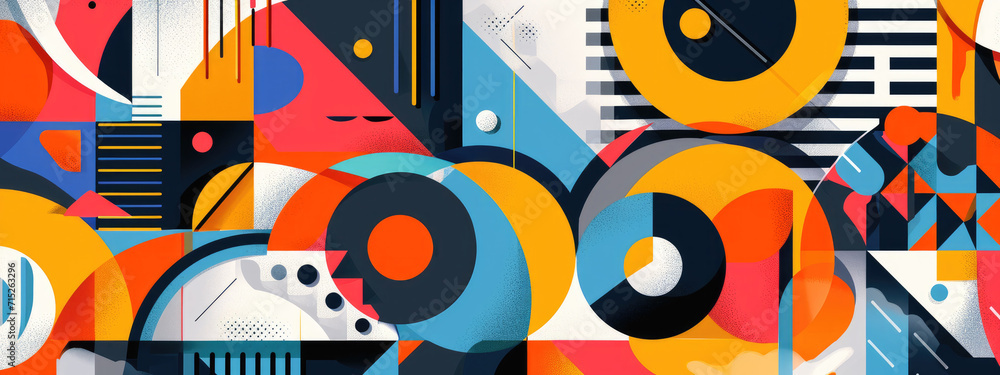 Abstract background with a Bauhaus pattern featuring geometric shapes and a bright color palette Abstract background with a Bauhaus pattern featuring geometric shapes and a bright color palette