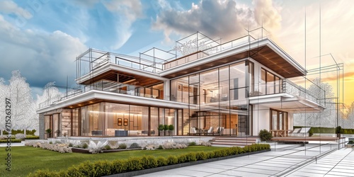 3D rendering of a luxurious villa with contrasting realistic rendering and wireframe copy space