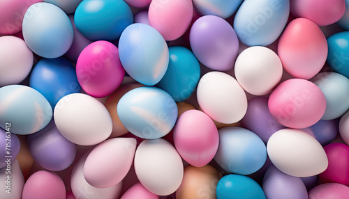 Top view of soft colorful Easter eggs. Multicolor painted eggs pattern. Generative AI. © cabado