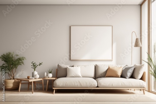 Scandinavian interior home design of living room with wood sofa and blank poster frame mockup © Basileus