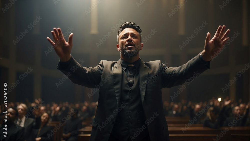 Preacher in a church preaching with to a flock with hands raised high in the air. Theology, culture and religion concept. Copy space. - obrazy, fototapety, plakaty 