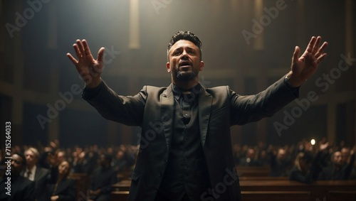 Foto Preacher in a church preaching with to a flock with hands raised high in the air