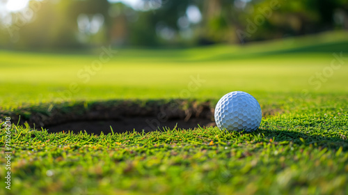Golf ball near hole on sunny green.