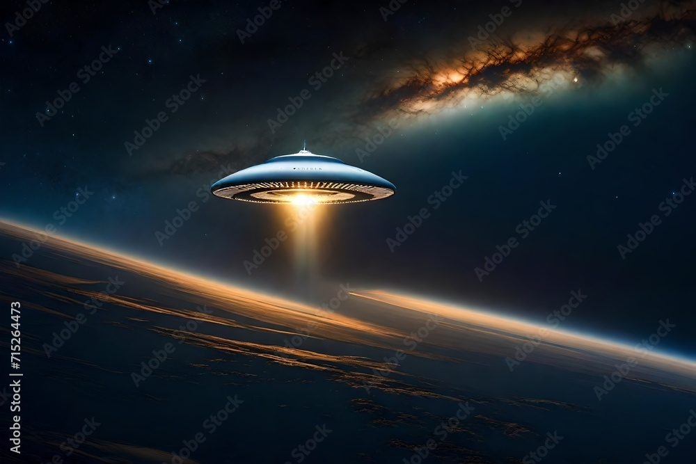 In the vast cosmic expanse, envision a UFO saucer majestically hovering over Earth, casting a soft, ethereal glow upon the planet.
In the vast cosmic expanse, envision a UFO saucer majestically hovering over Earth, casting a soft, ethereal glow upon the planet.