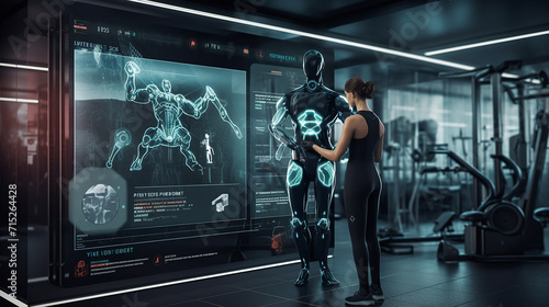 A robotic fitness coach in a gym demonstrating exercise photo