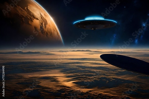 In the vast cosmic expanse  envision a UFO saucer majestically hovering over Earth  casting a soft  ethereal glow upon the planet.   