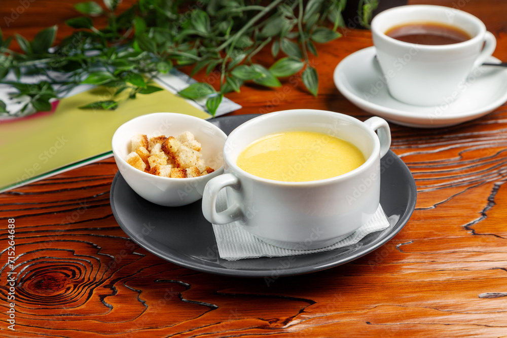 Cream cheese soup with croutons. Dinner. Cream cheese soup with croutons. Dinner.