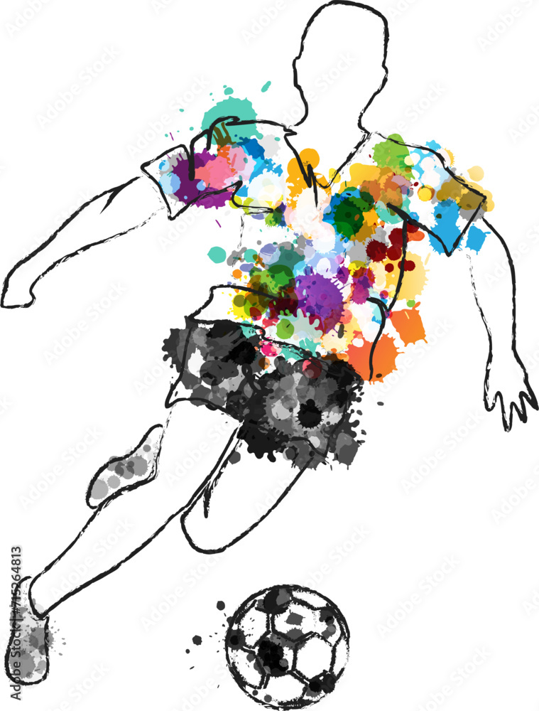 Obraz premium Soccer player in action, kicking ball for winning goal. Abstract vector illustration from rainbow paint splashes and black silhouettes.