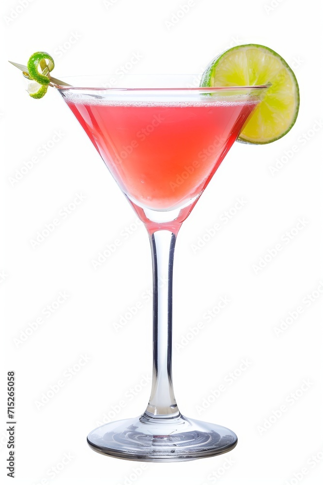 Cosmopolitan cocktail with lime in a martini glass isolated on white background