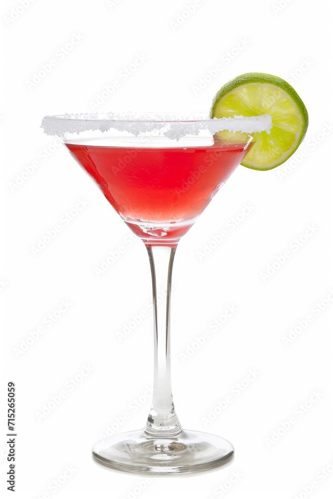 Cosmopolitan cocktail with a salted rim and lime wedge isolated on white background
