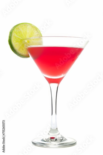 Cosmopolitan cocktail with lime in a martini glass isolated on white background