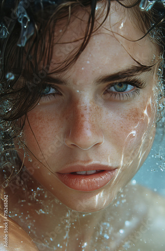 Woman with freckles and wet hair. A portrait of a young woman with freckles and glistening wet hair, her face adorned with delicate eyelashes, captures the peaceful and refreshing moment of her bathin photo