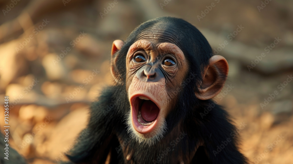 Closeup of a baby chimpanzee separated from its mother crying out for her in a barren wasteland. The young ape is helpless and vulnerable in the face of habitat destruction Closeup of a baby chimpanzee separated from its mother crying out for her in a barren wasteland. The young ape is helpless and vulnerable in the face of habitat destruction