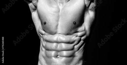 Strong Sexy Athletic Man. Fitness Model showing naked Torso. Cropped photo with naked male body for banner. Sexy man for design. Gay poster. Templates lgbt web banner design.