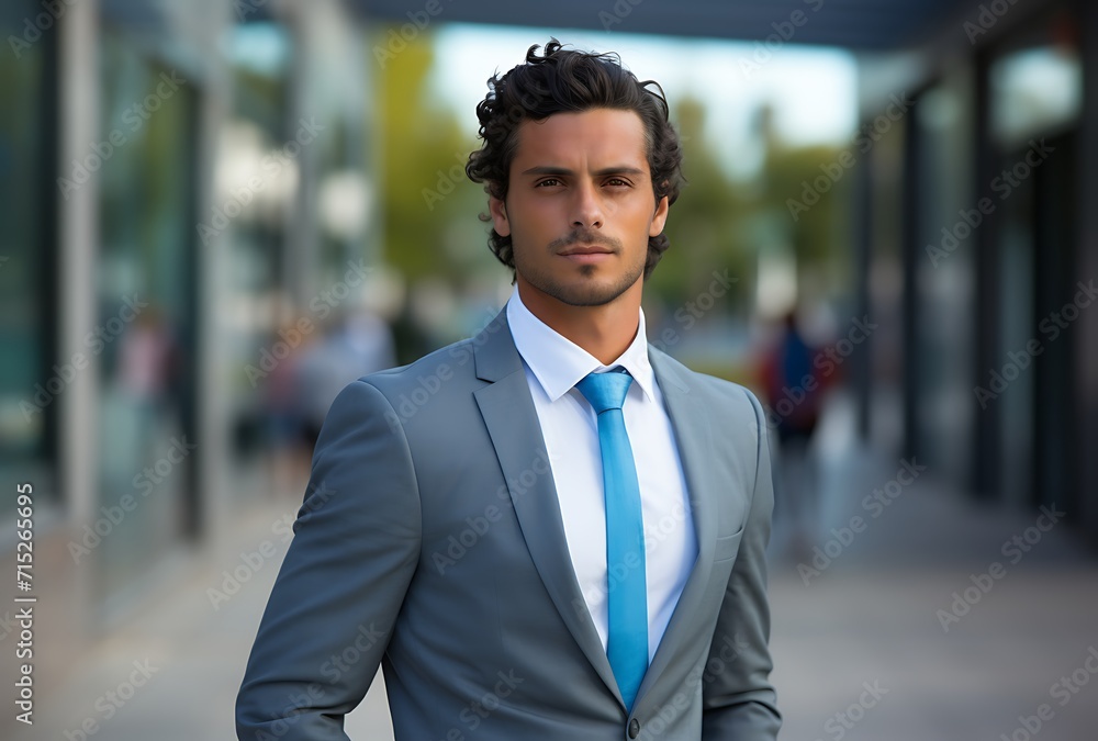 Portrait of a handsome young businessman with blue tie in the city
