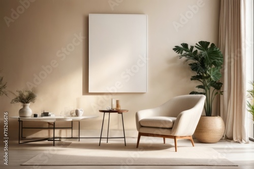 Rustic, Bohemian interior home design of living room with beige chair and empty poster frame mockup