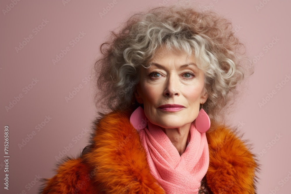 Portrait of beautiful senior woman in fur coat and pink scarf. Portrait of beautiful senior woman in fur coat and pink scarf.