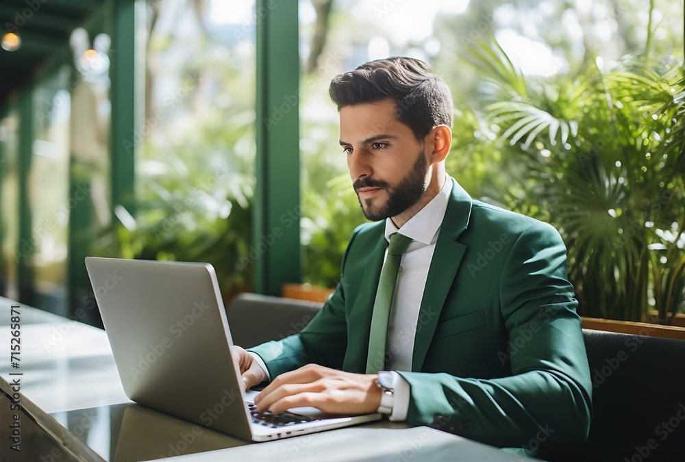 Handsome businessman in green suit using laptop in cafe and looking away Handsome businessman in green suit using laptop in cafe and looking away