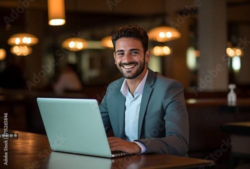 Portrait of smiling businessman using laptop in coffee shop at the bar