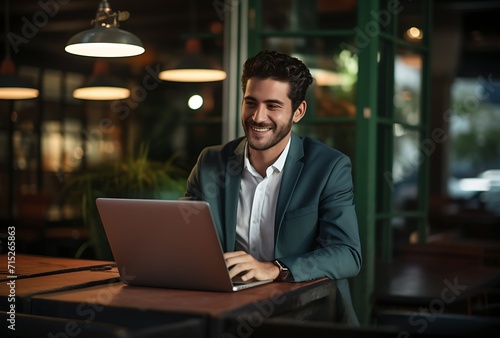 Portrait of a smiling businessman using laptop while sitting in a cafe