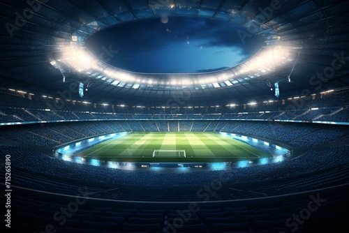 Background of sports stadium at night with defocused 3D lighting in football and cricket. Generative AI