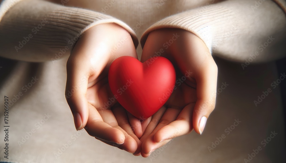 Obraz premium Hands holding a red heart, symbolizing love, care, and health awareness.