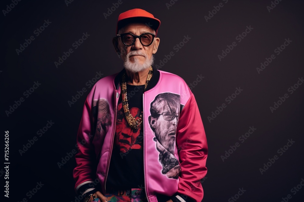 Portrait of an old man with a beard in a pink jacket and a cap. Portrait of an old man with a beard in a pink jacket and a cap.