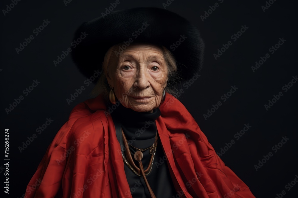 Portrait of an elderly woman in a red cape on a black background.