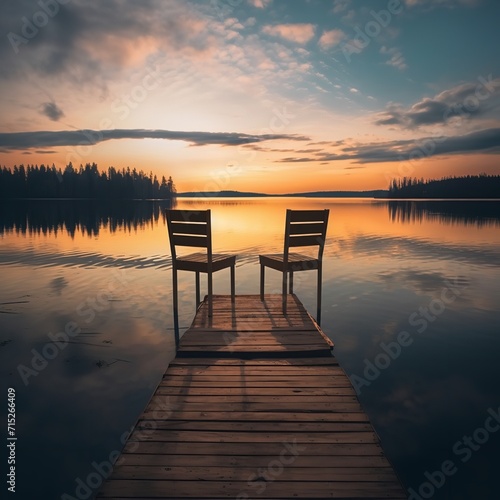 Two Wooden Chairs on a Wood Pier Overlooking