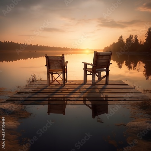Two Wooden Chairs on a Wood Pier Overlooking