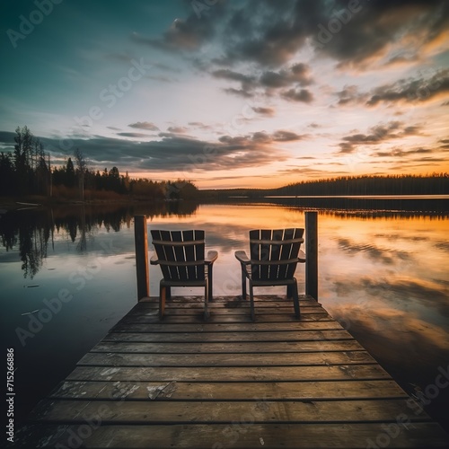 Two Wooden Chairs on a Wood Pier Overlooking © zahidcreat0r