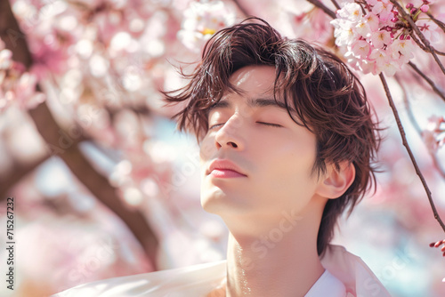 桜の花とアジア人男性 メンズビューティー