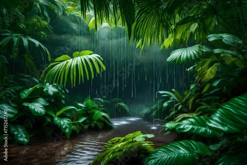 Transport yourself to a tranquil rainforest where raindrops elegantly decorate lush leaves  embodying the captivating allure of rainy weather.  