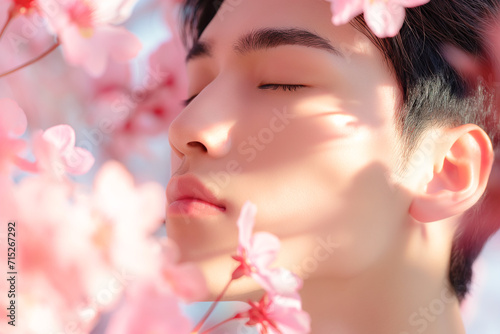 桜の花とアジア人男性 メンズビューティー photo