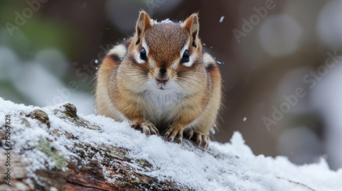 Closeup of a chipmunk with its bulging taking a brief break from foraging for winter sustenance on a snowdusted log