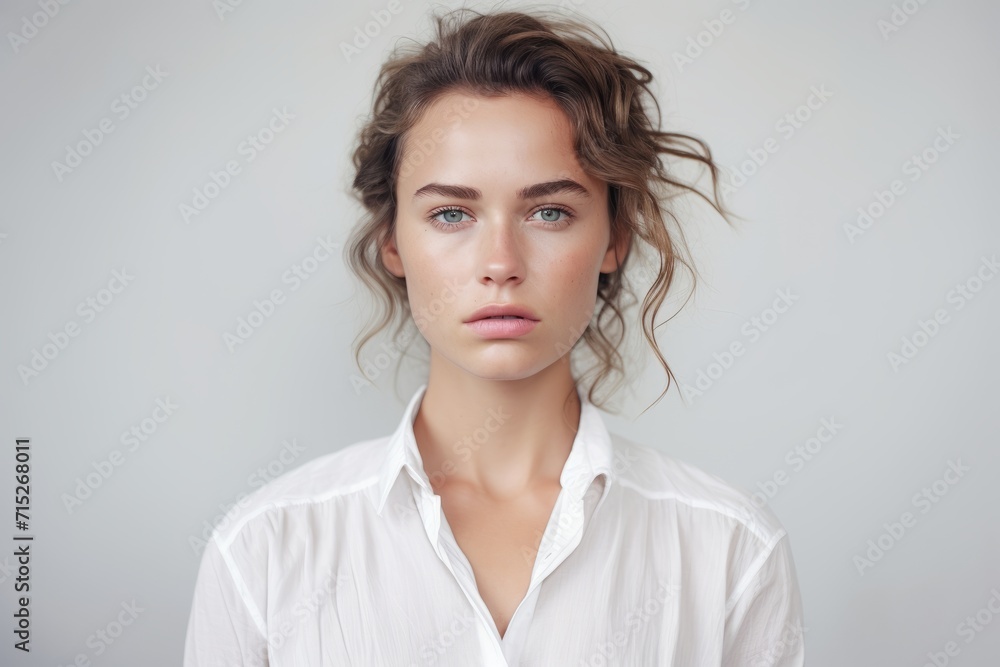 Portrait of young beautiful woman in white shirt. Studio shot. Portrait of young beautiful woman in white shirt. Studio shot.